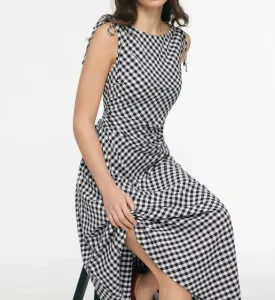 Women’s Black White Gingham Plaid Midi Dress Sleeveless Tie Shoulder Ruched Waist Asymmetrical Hem Casual Summer Dresses