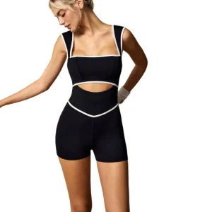 Women’s Black White Print Summer Skinny Yoga Romper Sleeveless Square Neck Backless Workout Bodysuit Shorts
