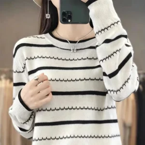 Women’s Black White Striped Crew Neck Knit Sweater Trim Long Sleeve Knit Top Gentle Commuter Style Custom Sample Orders Accepted