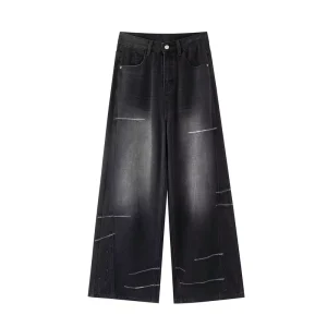 Women’s Black Wide Leg Jeans High Waist Loose Fit Denim Trousers with White Contrast Stitching Casual Street Style Baggy Pants