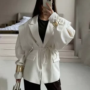 Women’s Blazer with High End Feel Spring Autumn European and American Style Waist Tied Belt and Shoulder Pads