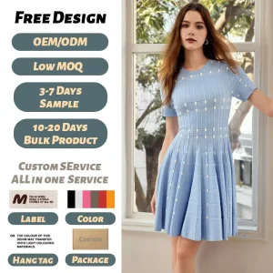 Women’s Blue A Line Midi Dress Short Sleeve Beaded Pearl Jacquard Knit Elegant Party Office Dress OEM Custom
