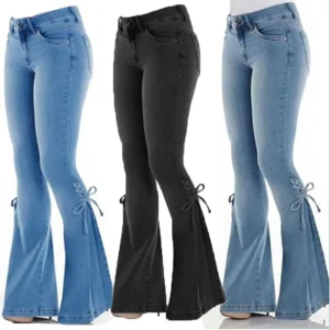 Women’s Blue Denim Jeans Flare Pants Skinny Leg High Bell Bottoms Jeans Plus Size 3XL