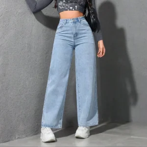 Women’s Blue Denim Pants Breathable Washable Casual Daily Street Wear Stylish Wide Leg Jeans Button