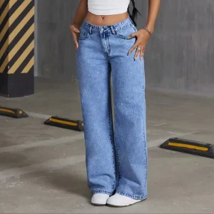 Women’s Blue Denim Pants Wide Leg Casual Daily Street Wear Mid Waist Straight Style Button Decoration XL