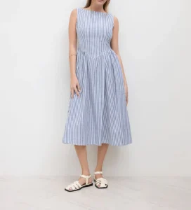 Women’s Blue White Striped Midi Blend Sleeveless Dress Casual Summer Boat Neck A Line Midi Dresses for Ladies