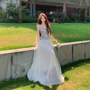 Women’s Blue and White Floral Print Spaghetti Strap Maxi Dress Corset Bodice with Tulle Skirt for Beach Vacation