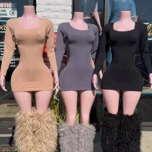Women’s Body Skirt Casual One-Piece Stretch Tight Waist Long-Sleeved Round Bodysuit Seamless Fitness Yoga Mini Dress for Women