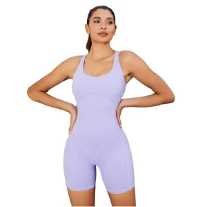 Women’s Bodycon Backless Romper with Built in Sports Bra Scrunch Butt Shorts Solid Pattern Nylon Spandex Jumpsuit
