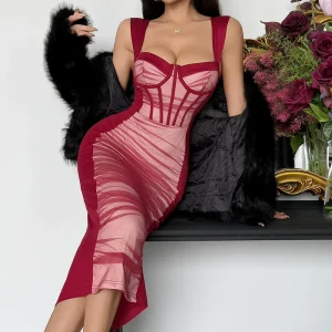 Women’s Bodycon Club Dresses Elegant Fashion Patchwork See-through Mesh Pleated Breathable Natural Hip Skirt