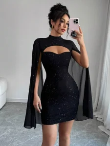 Women’s Bodycon Dress Cape Sleeve Hollow Out Mini Dress High Waist Slim Fit for Party Club Cocktail