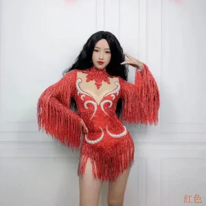 Women’s Bodycon Prom Dresses Big Stones Sequins Chiffon Fringed Birthday Celebration Costume for Stage Festivals D042 Halter