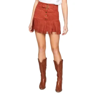 Women’s Boho Fringe Hem Mini Skirt Belted Faux Suede Fringe Skirt High Waist Short Skirts