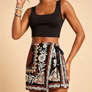 Women’s Boho Mini Skirts Floral Shorts Tie Side Wrap Elastic Waist Summer Skorts Beach Vacation Outfits Polyamide Worsted