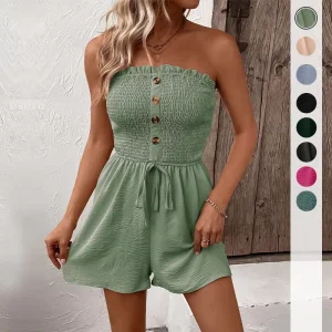 Women’s Boho Printed Tube Top Romper Strapless High Split Wide Leg Vacation Short Jumpsuits