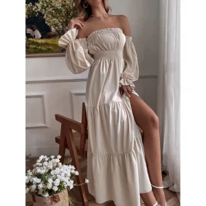 Women’s Boho Sexy Off Shoulder Silk Dress Long Sleeve Smocked High Waist Elegant for Party & Photoshoot