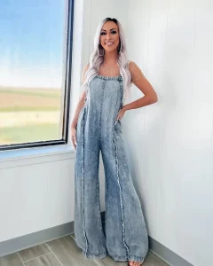 Women’s Breathable Blue Denim Jumpsuit Strapless Wide Leg Romper Comfortable Skinny Casual Summer Outfit One Piece