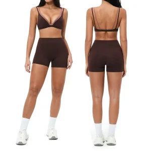 Women’s Breathable Compression Quick Dry Elastic High Waist Four-Way Stretch Slimming Two Tone V Neck Bra Shorts Set