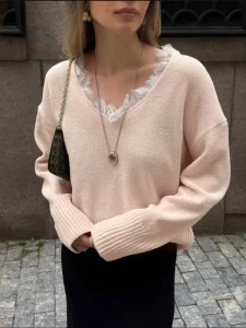 Women’s Breathable Computer Knitted Vintage Style Lace Collared Sweater 100% Polyester 420g for Autumn