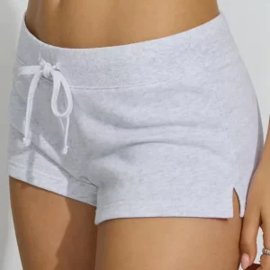 Women’s Breathable Embroidered Low Waistline Cotton Spandex Drawstring Casual Shorts Soft Stretchy Knit
