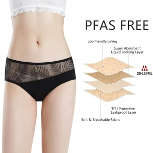 Women’s Breathable Lace Bikini Panties Organic Cotton Light Flow Menstrual Underwear For Women