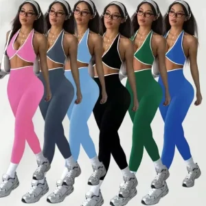 Women’s Breathable Lightweight Gym Fitness Activewear Workout Running Clothes Contrast Color Halter Bra Vest Scrunch Butt