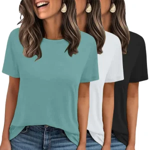Women’s Breathable Loose Solid Basic T-Shirts Summer Tops Short Sleeve Casual Vacation Clothes
