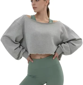 Women’s Breathable Loose Sports Off shoulder Sweatshirt Oversized CasualTop Distressed Hem Cropped Long Sleeve Tshirt
