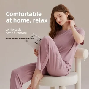 Womens Breathable Luxurious Modal Loungewear Short Sleeve Top and Pants Pajama Summer Set