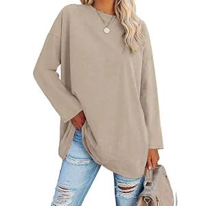 Women’s Breathable Oversized Long Sleeve Tunic Tops Loose Casual Crewneck Blouse Soft Summer T Shirts