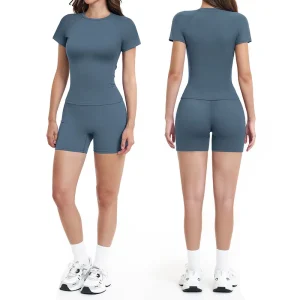 Women’s Breathable Quick Dry Four Way Stretch Slimming 2 Piece Fitness Sports Wear Short Sleeve Fitness Top Shorts Set