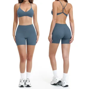 Women’s Breathable Quick Dry Four Way Stretch Slimming 2 Piece Fitness Sports Wear Y Back Sexy V Neck Sports Bra Shorts Set