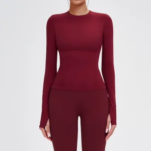Women’s Breathable Seamless Crew Neck Full Sleeve Thumbholes Skinny Fit Spandex Nylon Athletic Yoga Gym Workout Top Custom Logo