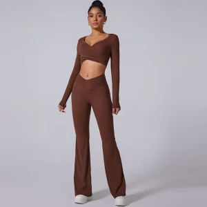 Women’s Breathable Seamless Solid High Waist Long Sleeve Yoga Set for Autumn Winter Full Coverage Slimming 2 Piece Activewear