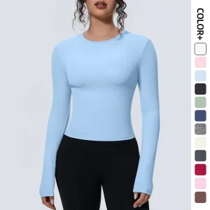Women’s Breathable Spandex/Nylon Waist Slimming Long Sleeve Crop Top for Yoga & Sports Fitness