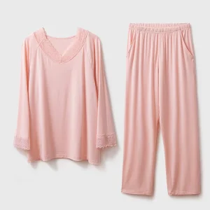 Womens Breathable Summer Lace V Neck Pajama Set Pants Modal Comfortable Casual Loose Fit Long Sleeve Loungewear Suit