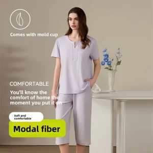 Womens Breathable Summer Short Sleeve French Style Loungewear Set Padded Bra Three Quarter Length