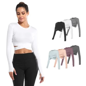 Women’s Breathable Summer Sports Top Long-Sleeved Yoga Fitness Suit Running Waist-Showing Training Skinny Fit Polyester Fiber