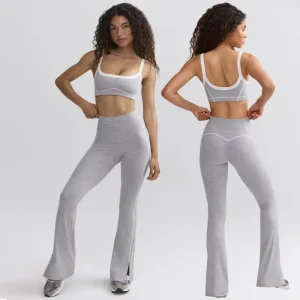 Women’s Breathable Sustainable Yoga Exercise Suit High Elasticity Sports Bra Contrasting Straps Hip Lifting Flare Pants Set