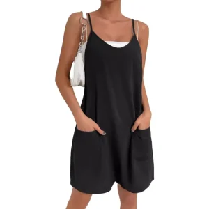Womens Breathable V Neck Rompers Spaghetti Straps Summer Jumpsuit Casual Loose Knee One Piece Shorts Overalls Pockets (Black XL)
