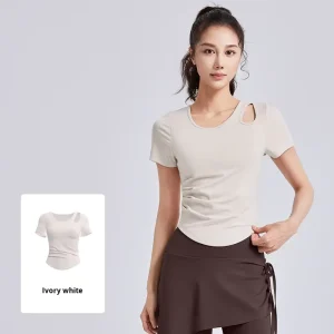 Women’s Breathable Yoga T Shirt Tops Fitness Custom Logo Logo Free Bra Front Logo Hollow Wrinkled Slimming Sports Wear