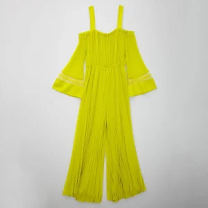 Women’s Bright Yellow Off Shoulder Jumpsuit Pleated Bell Sleeve Romper with Straps Elegant Wide Leg Playsuit for Party