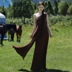Women’s Brown One Shoulder Maxi Dress Draped Fabric with Flowing Sash and Open Back for Art Exhibition