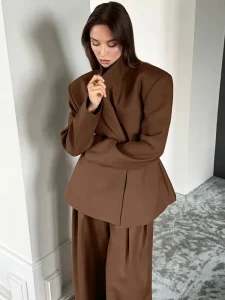 Women’s Brown Two Piece Set Blazer & Trousers with Button Decoration for Office Wear or Ladies’ Outfits