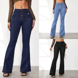 Women’s Buckled High Waisted Jeans Breathable Denim Flared Pants Slimming Casual Straight Style Long Pants