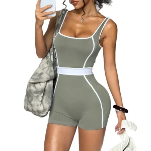 Women’s Built-in Bra Color Block Yoga Jumpsuit Tight-Fitting Shorts Romper for Outdoor Sports