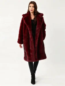 Women’s Burgundy Faux Fox Fur Long Coat Winter Wide Lapel Thick Warm Full Length Overcoat Red Faux Fur Maxi Jacket ODM OEM