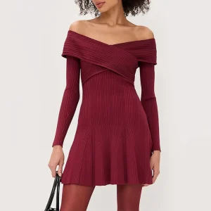 Women’s Burgundy Off-Shoulder Mini Dress Viscose Ribbed Knit Bodycon