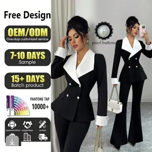 Women’s Business Formal 2-Piece Suit with Button Decoration Office Lady Blazer Jacket and Pants with Pockets Autumn Outfits
