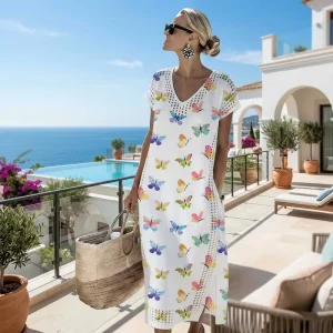 Women’s Butterfly Print Knitted Maxi Dress Summer V Neck Short Sleeve Pullover Hollow Out Vacation Long Dress